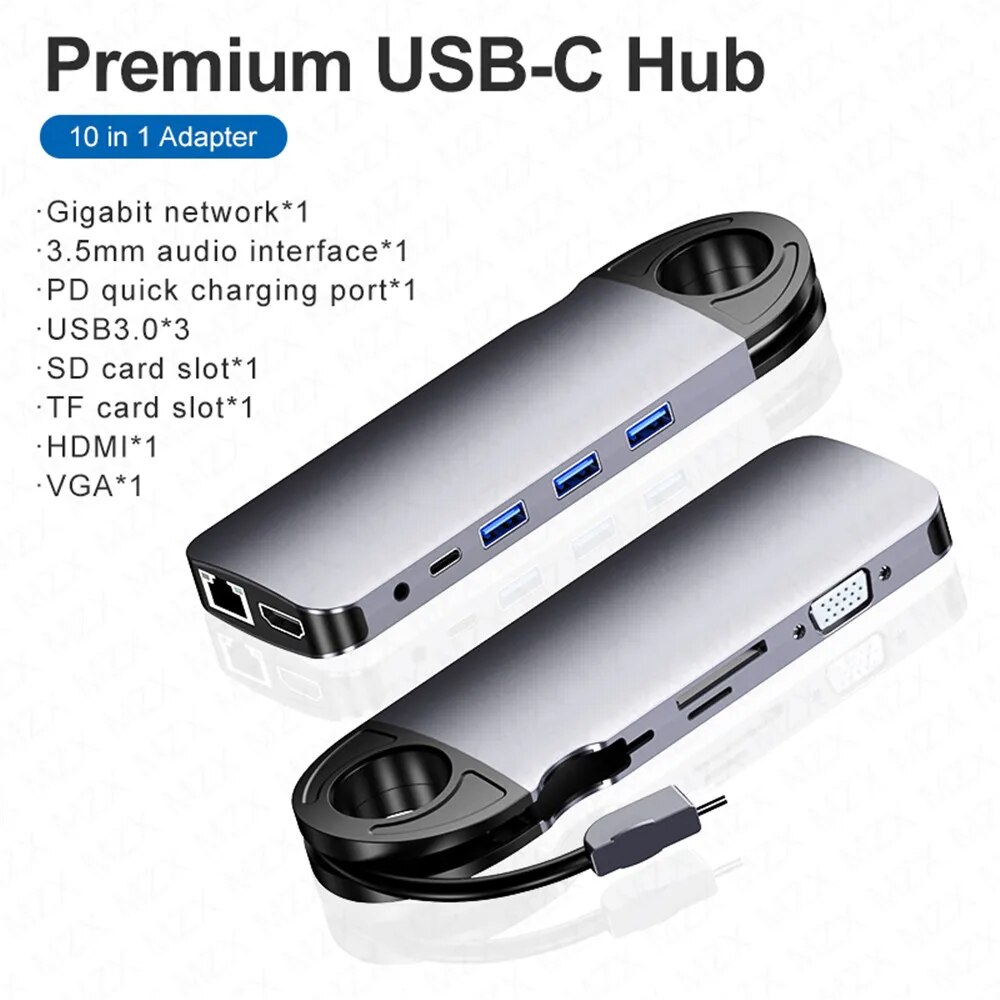 MZX 10 in 1 Docking Station 1000M RJ45 USB Hub Tipo C Type A Extension Dock To HDMI VGA Ethernet for Macbook Laptop Notebook PC. 