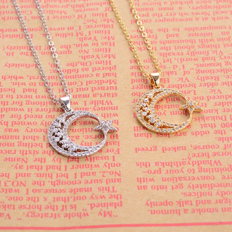 【VisioN Shop】trendy Zirconia star Moon pendant Necklace luxury hollow Choker Necklace Korean Jewelry X-l0122. 