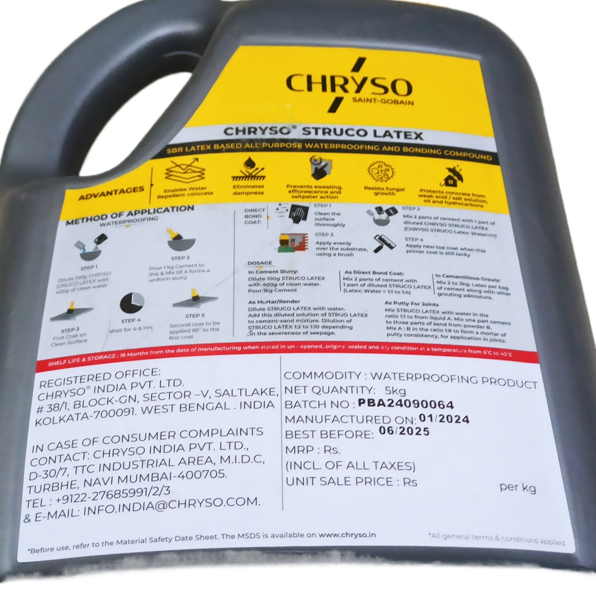 Construction chemical point seller center CHRYSO "STRUCO LATEX" SBR Latex Based All Purpose Waterproofing And Bonding Compound. 