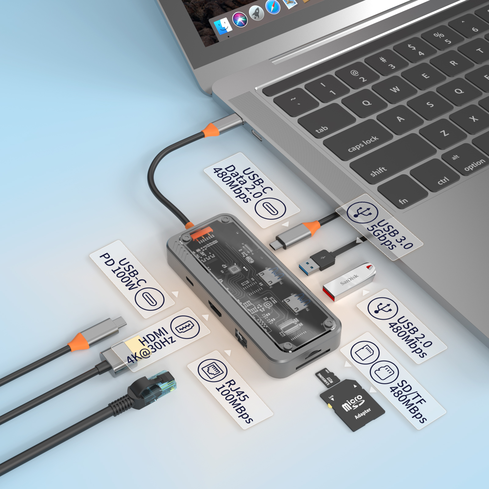 USB C Hub Dock Station Type C To HDMI-Compatible Ethernet Port RJ45 PD 100W Adapter For Macbook USB 3.0 4K Hub Laptop Tablet. 