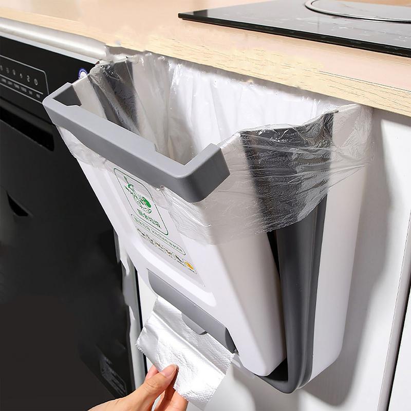 Collapsible Trash Folding Tras Can Small Hanging Kitchen Pressing Type Multipurpose Portable Kitchen Waste Bin With Garbage Bag. 