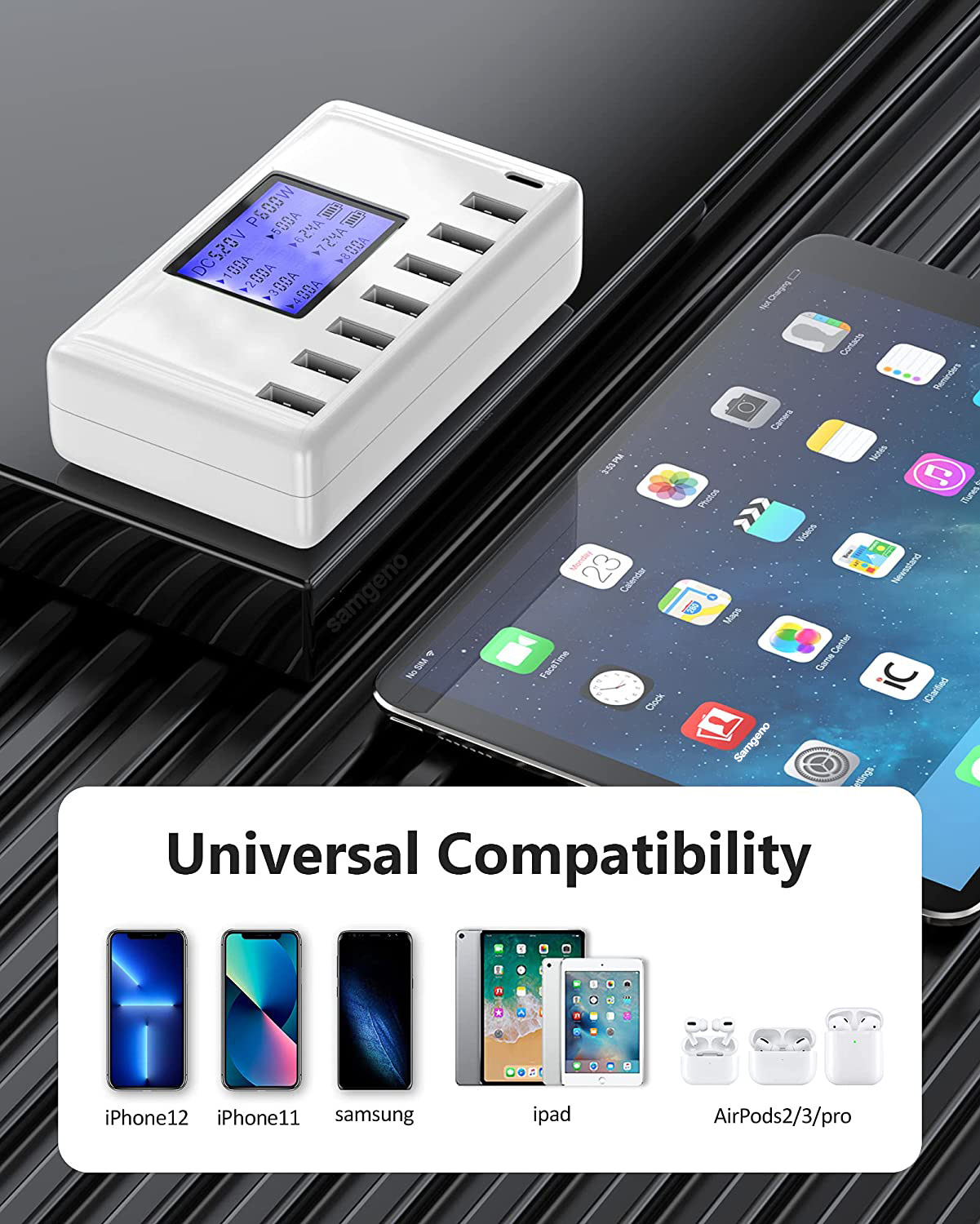 USB Charging Station, 8-Ports 60W/12A Multi Port USB C Hub Charger with LCD Display for Cellphone Tablet Multiple Devices,. 