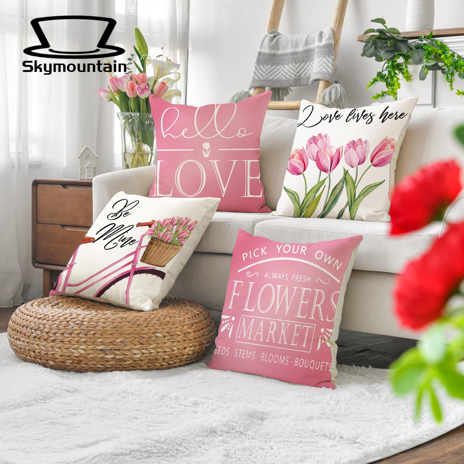 Linen Pillowcase with Hidden Zipper Valentine's Day Pillowcase Red Pink Tulips Flower Pattern Sofa Cushion Cover Home Decoration for Valentine's Day Mother's Day