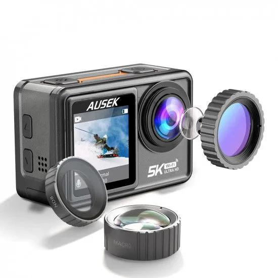 Wireless Microphone Supported Ausek Waterproof 5K Dual Display WiFi Action Camera Dual Touch Screen - Combo Pack (Dual Battery, Charger, Microphone, Remote) with 6 month Warranty by DRONE ZON