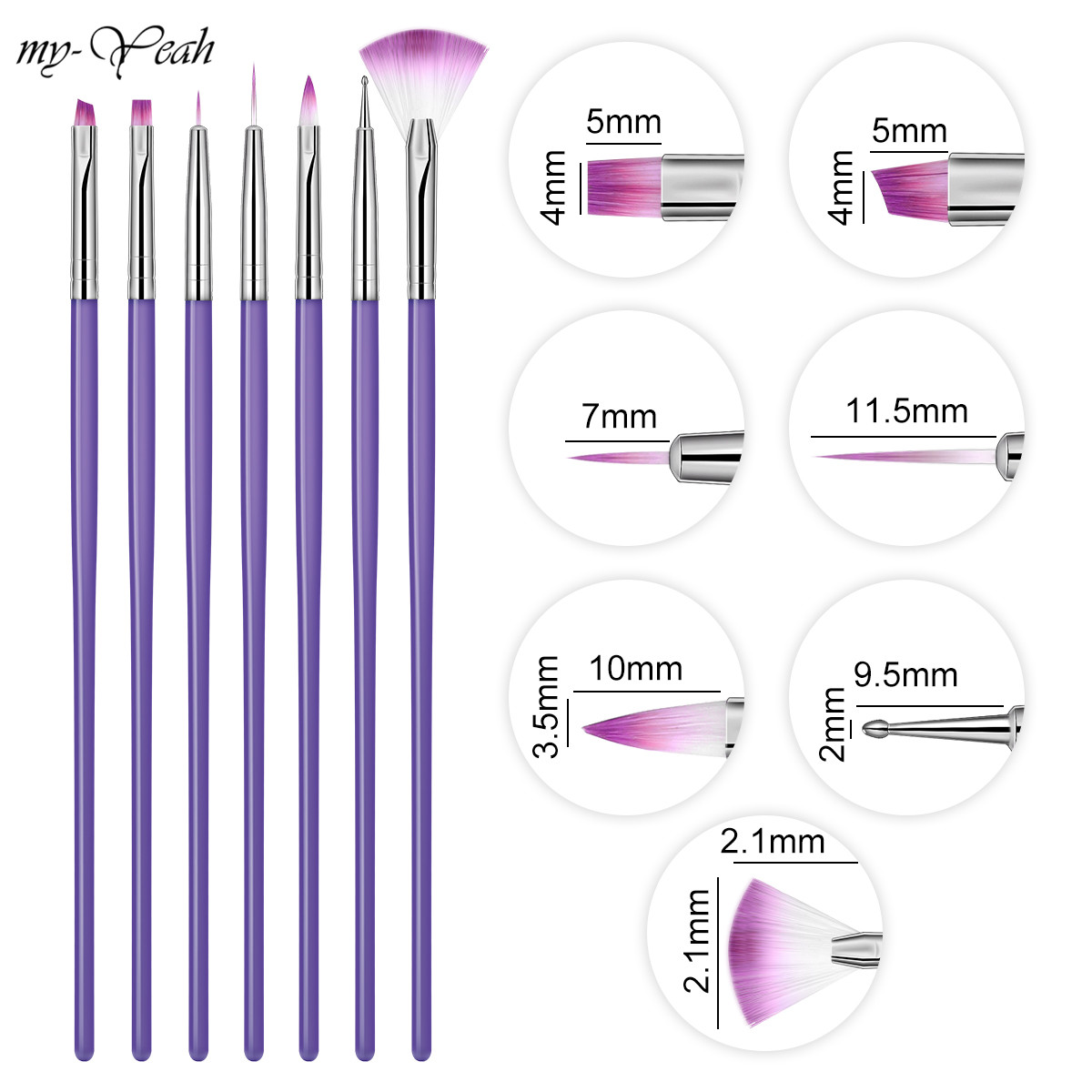 Myyeah 7Pcs/set Nail Art Acrylic Gel Polish Extension Carving Flower Line Painting Dotting Liner Brush