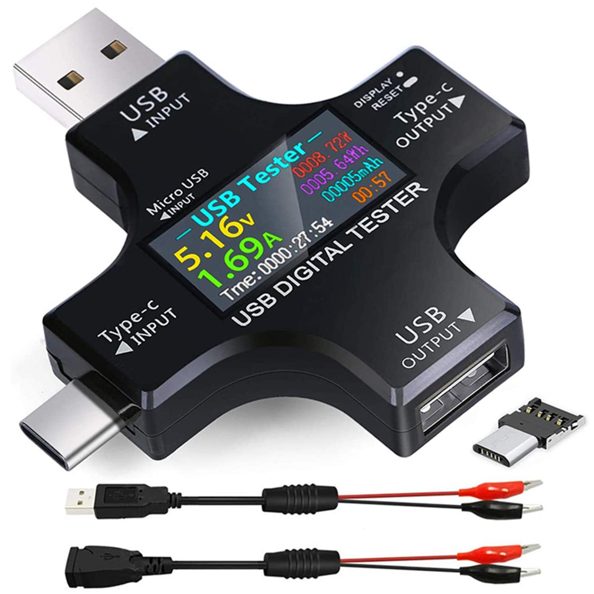 Harmony USB C Tester,2 in 1 Type C USB Tester Color Screen IPS Digital Multimeter,Voltage,Current,Power,Resistance,Temperature,with Clip Cable Support PD2.0/PD3.0,QC2.0