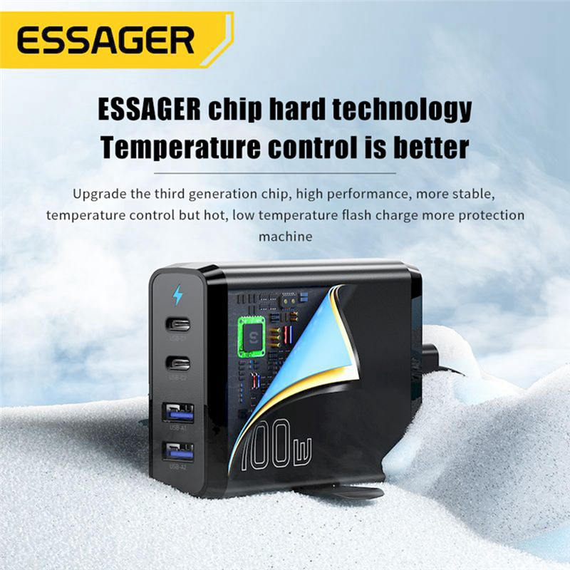 ESSAGER 100W GaN USB Type C Desktop Charger Quick Chagers Multi-Port Charger for Samsung IPhone Laptop Chagers US Plug. 