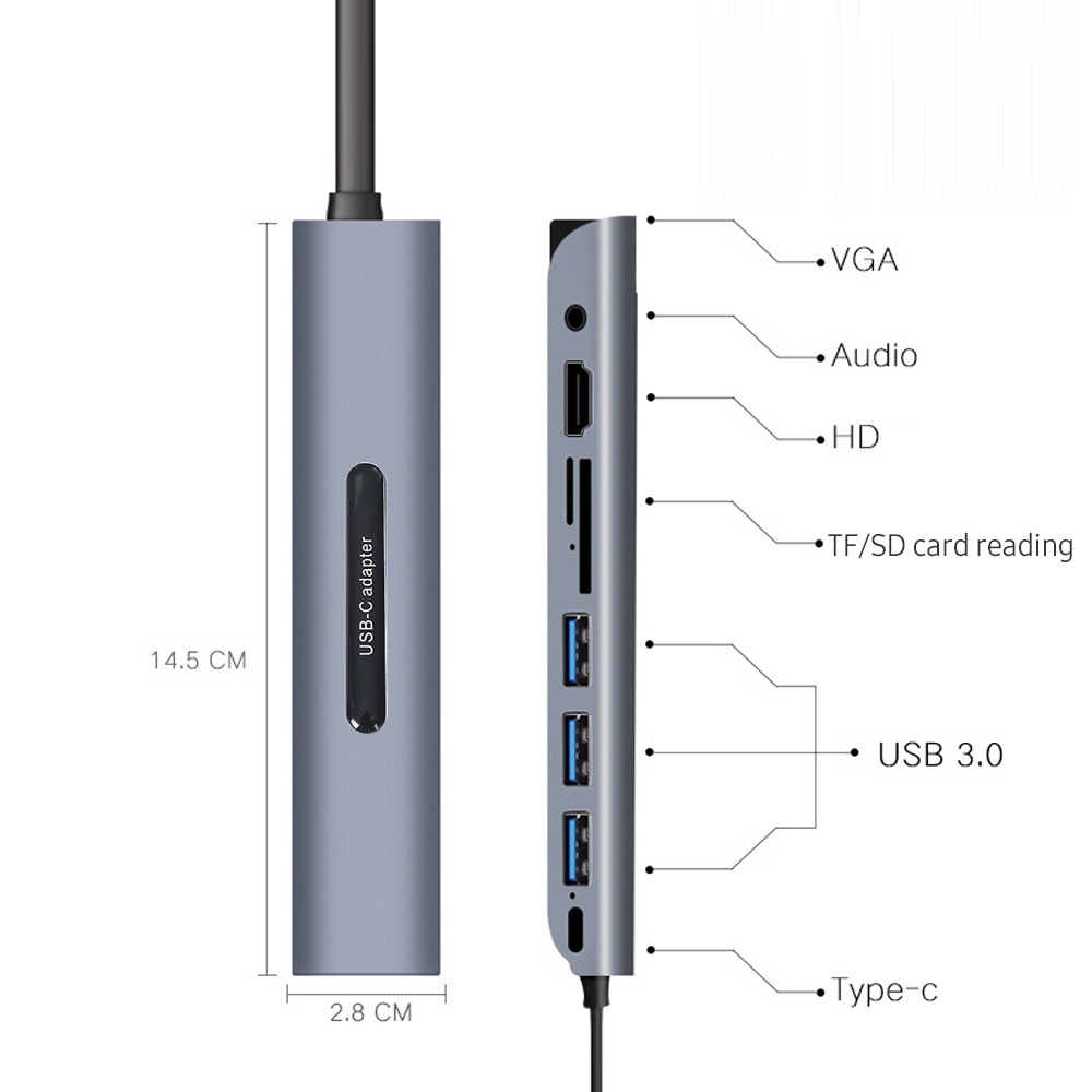 HXSJ 9-in-1 Multifunctional Type-C to HD Hub PD Charge/ HD(4K@30Hz)/ VGA(1080P)/ USB3.0/ SD TF Card Reader/ 3.5mm Audio. 