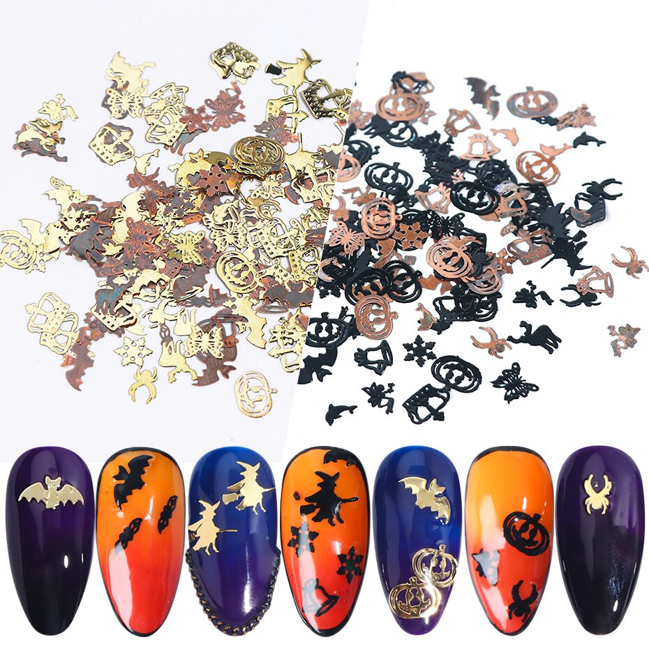 【happy one】1box Black Witch Spider Metallic Paillete Nail Art Decorations Halloween Gold Nail Charm Jewelry Metal Slice Tips LY1034. 