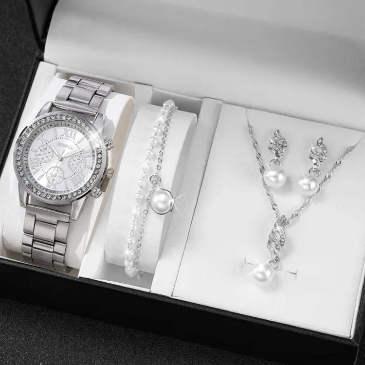 Fopul Mall Fashion Quartz Watch & Jewelry Set - Metal Watch with Casual Pearl Bracelet (6pcs) for Women (No Box)