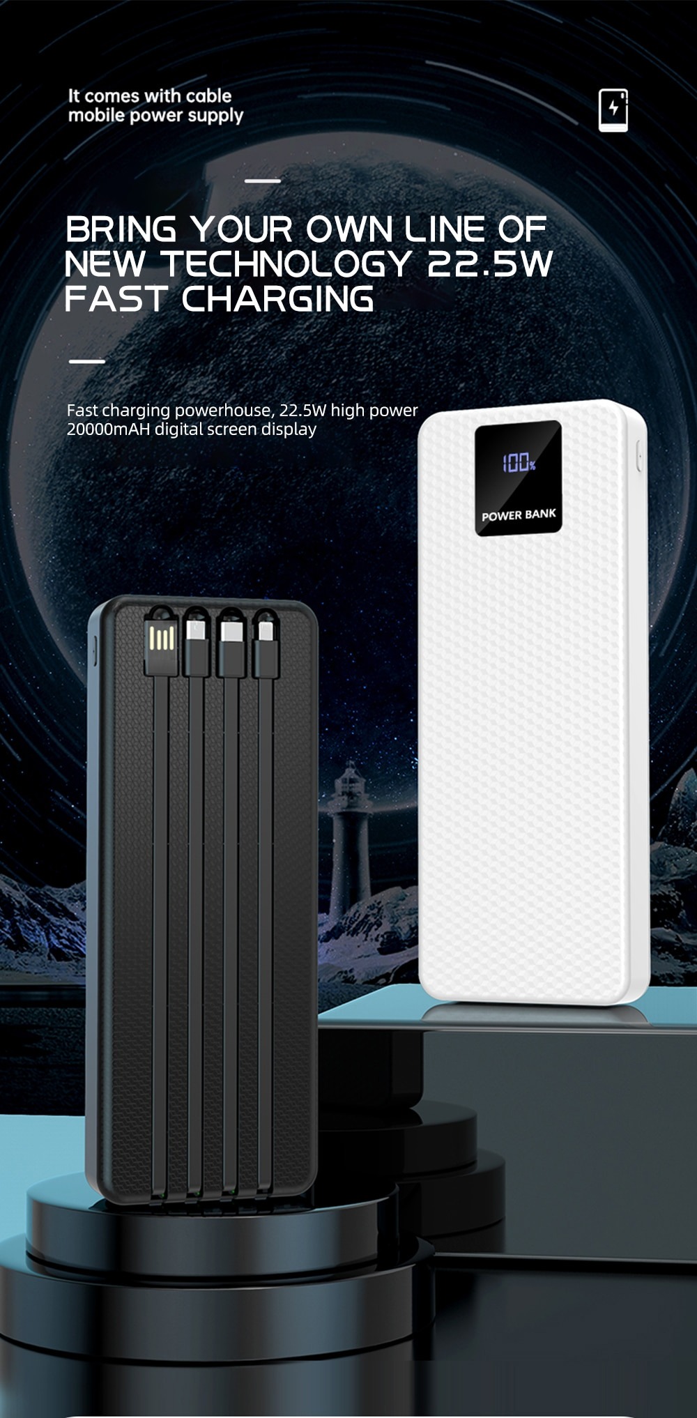 4 Cable Fast Power Bank Box Kit Flashlight USB Type C 18650 Battery Storage Box Charger 22.5W For Mobile Phone and others- Battery Not included (4 Battery Model). 
