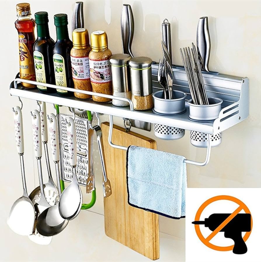Aluminium Multifunctional Wall Hanging Storage Stand kitchen utensils wall mounted kitchen organizer rack included Spice Rack and Ladle Tools Spoon Kitchen Clothes Hangers Towel Rack and other gadgets. 
