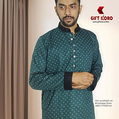 Bottle Green Panjabi for Men_Exclusive Indian Punjabi with Silver Button and Black Sleeves. 