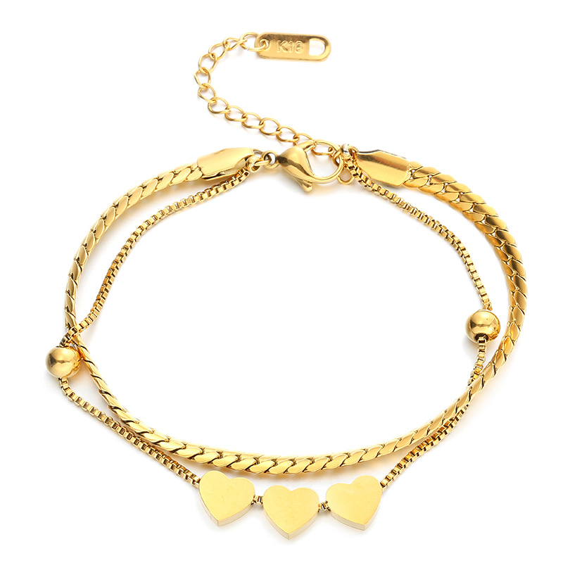Non Tarnish Gold Plated Stainless Steel Charm Bracelet Minimalist Waterproof Multi-layer Snake Bone Chain Heart Pendant Bracelet. 