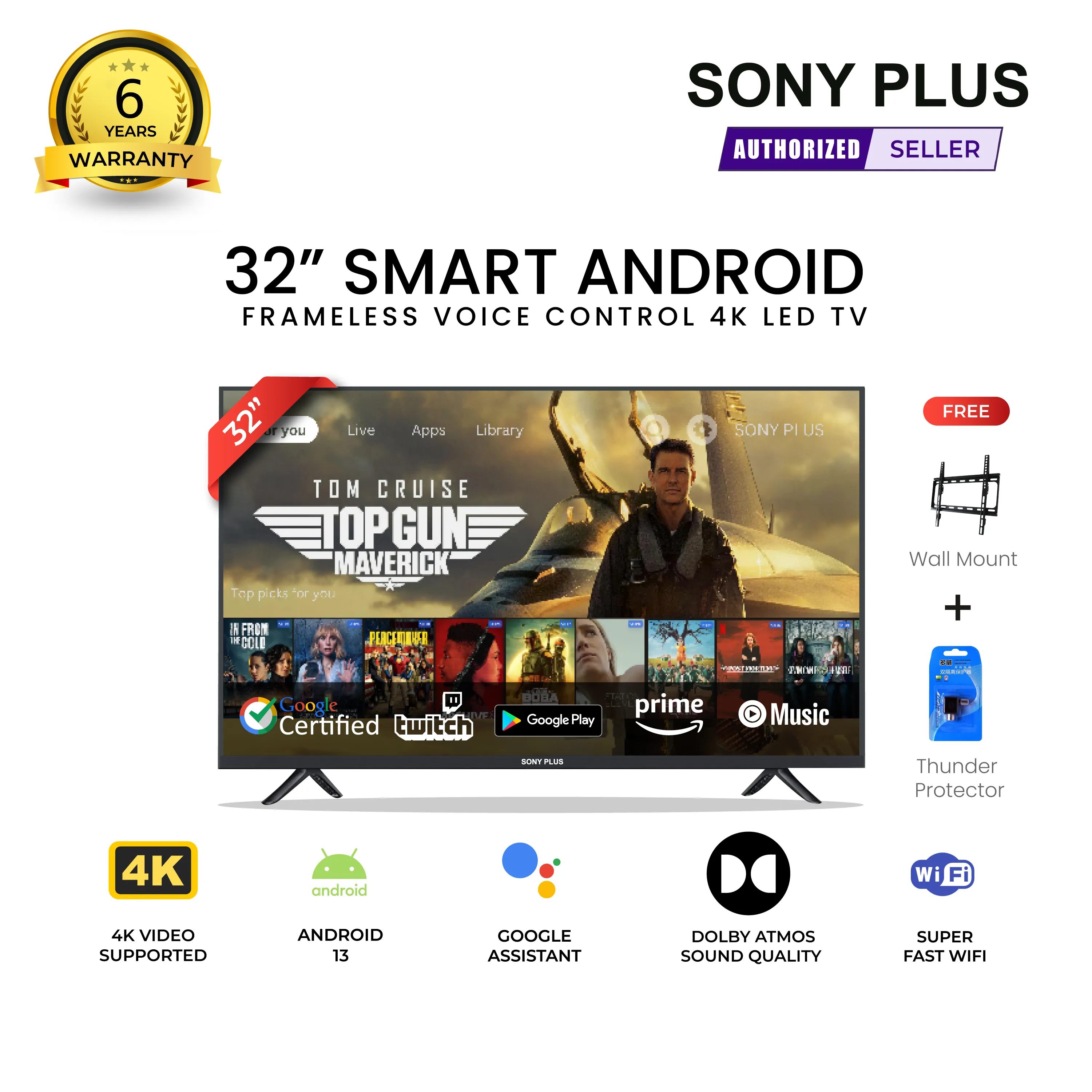 Sony Plus 32 inch Frameless Voice Control Smart LED TV Wi-Fi Full HD 4K Supported Android Television