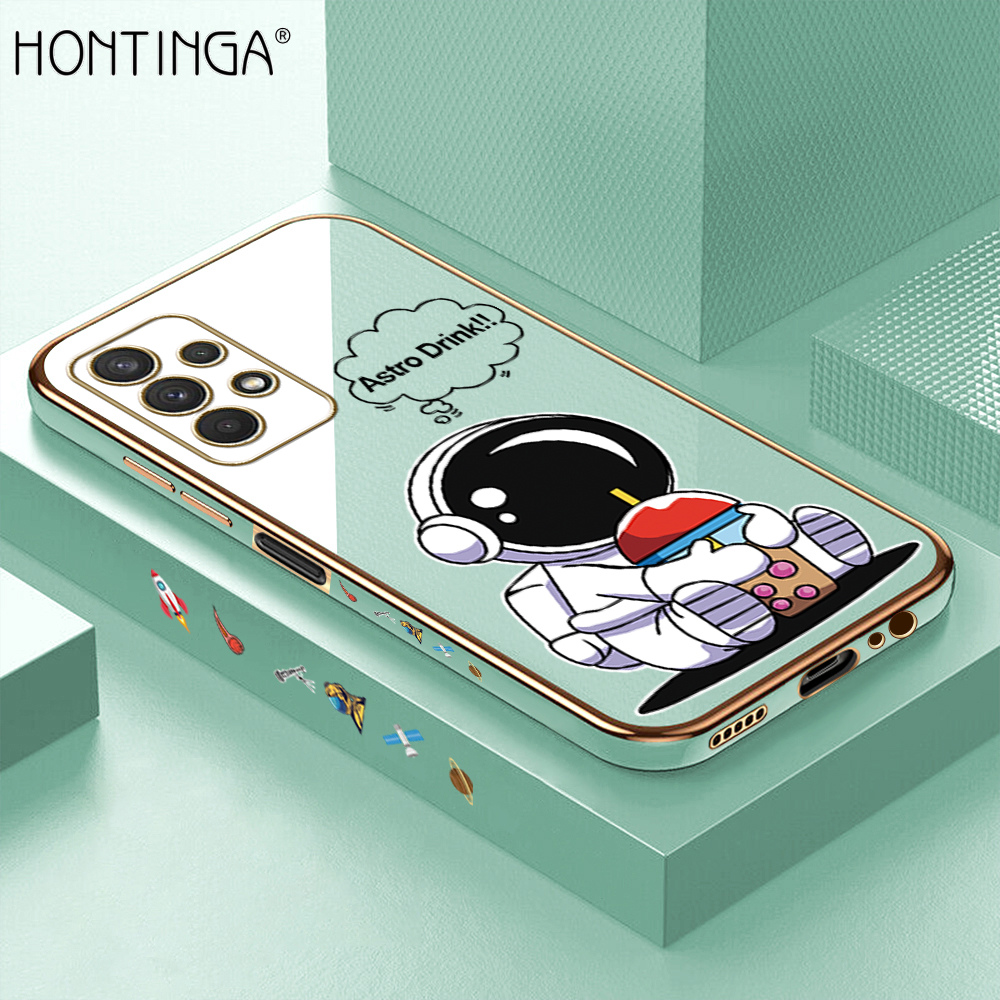 Hontinga for Samsung A32 5G Case Luxury 6D Plating Cartoon Happy Astronaut Side Pattern Soft Back Cover Silicone Square Phone Cases