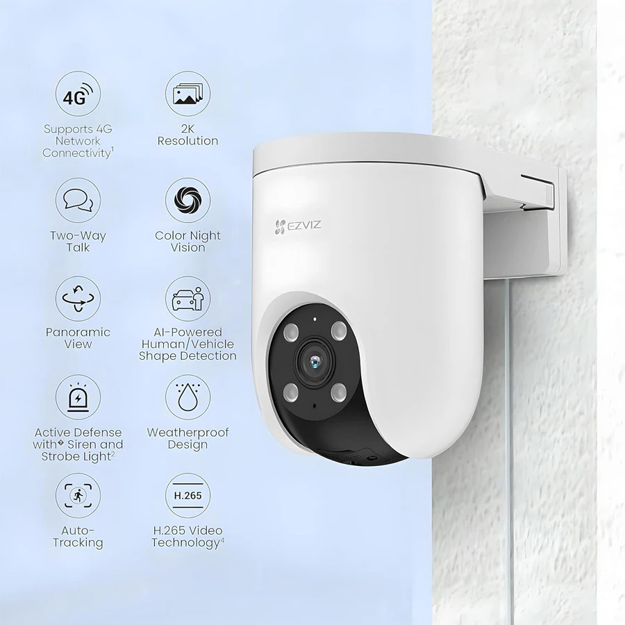 4G Sim supported H8C Ezviz 4MP Outdoor CC Camera with AI image detection. 