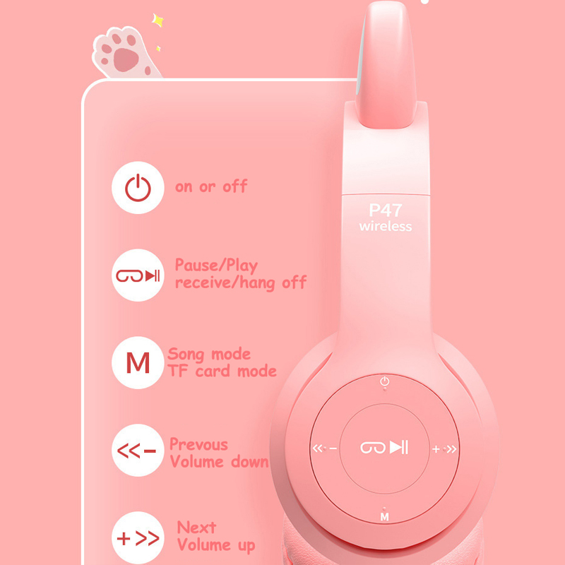 P47M Wireless Headphone Flash Light Cute Cat Ear with Mic Control LED Stereo Music Helmet Phone Bluetooth Headset with Box.. 