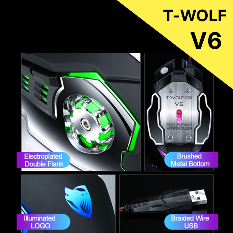 Gaming Mouse With Lighting TWolf V6 illuminated Wired Mouse For Gaming PC Laptop Computer Desktop Black RGB Mouse For Gamers 6 Button Mouse With DPI. 