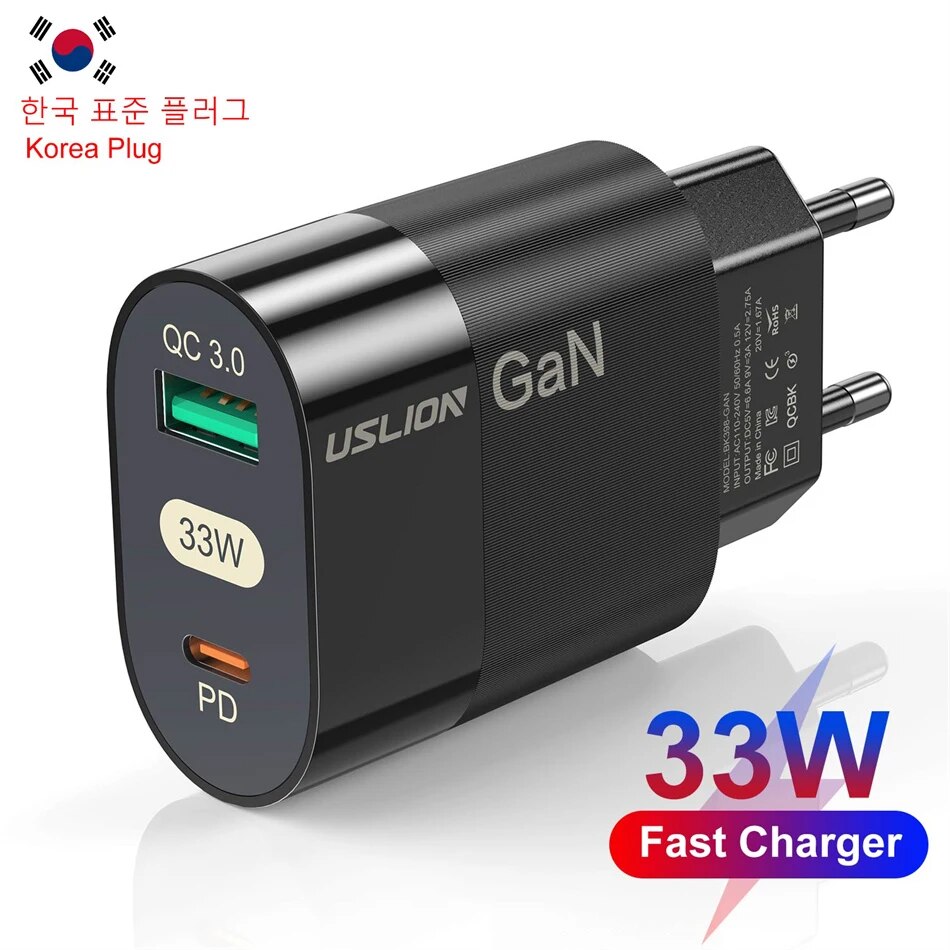 USLION Korea Plug USB C Charger 33W GaN Type C PD Fast Charging For iPhone 15 14 13 12 11 Pro Max For iPad Pro Air iPad Samsung