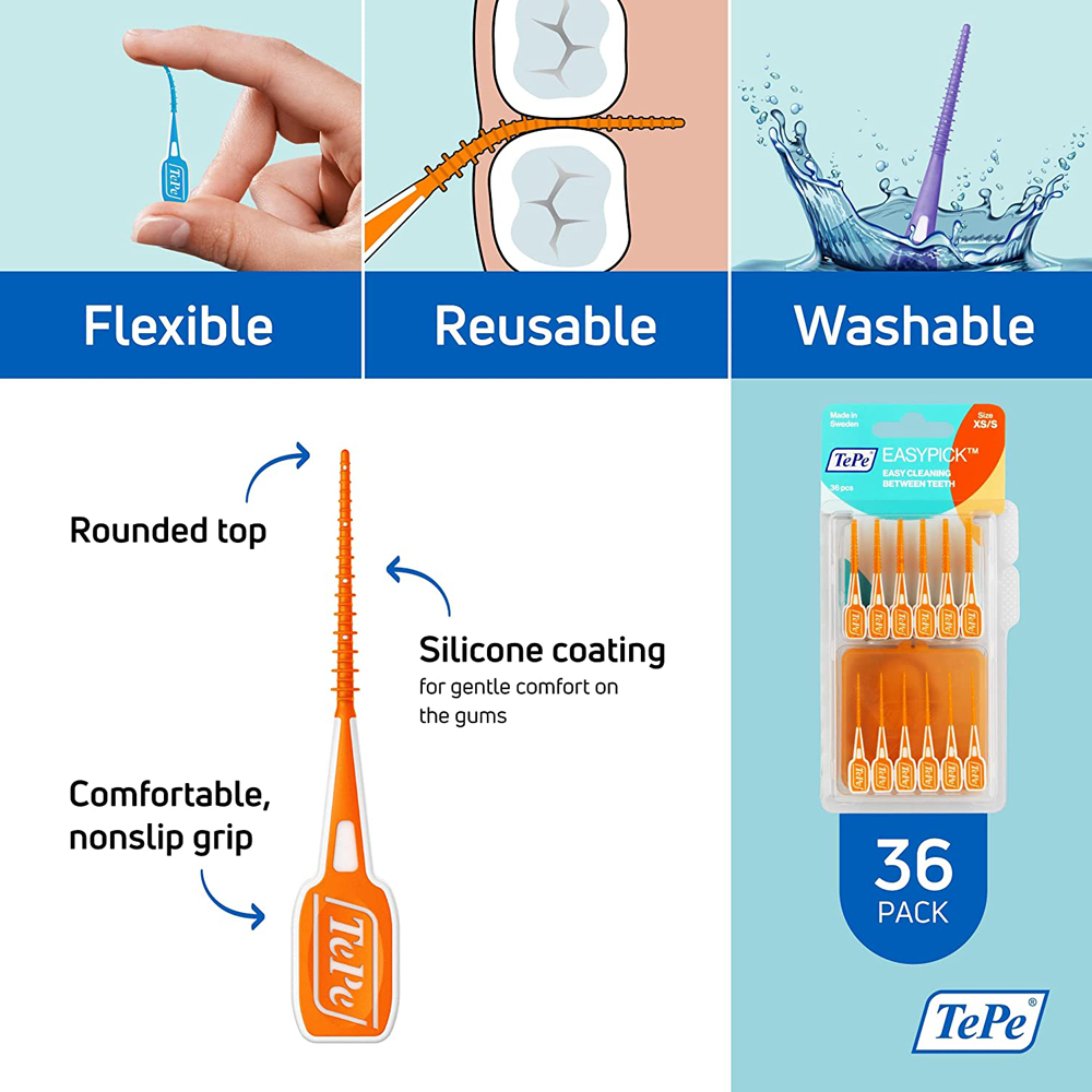 Tepe Easypick Toothpicks Orange 36 Pack XS/S Size Dental Soft Floss Picks Silicone Gum Stick Teeth Interdental Cleaning Tools. 