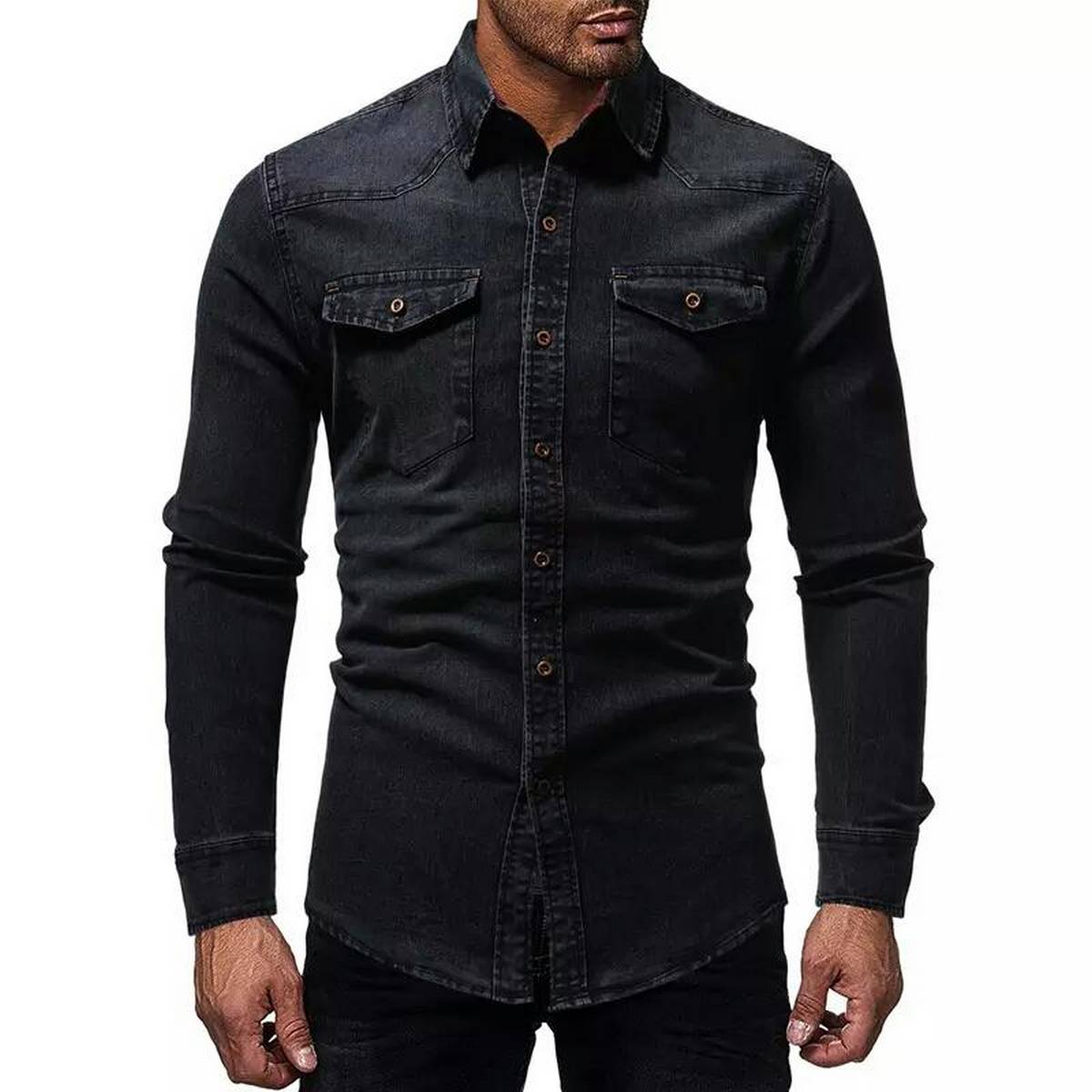 Long black hot sale denim shirt