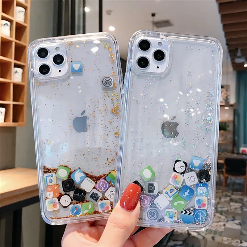Dynamic Quicksand phone Case for iphone 14 13 12 11 Pro Max 6s 7 8 Plus X XR XS Max SE Cute Apps Icon Liquid Glitter Clear Cover