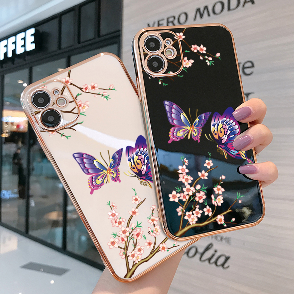 Ucuc for Xiaomi Redmi Note 10/Redmi Note 10 s free back cover lanyard butterfly flying luxury 6d plated soft side case silicone square mobile phone case. 