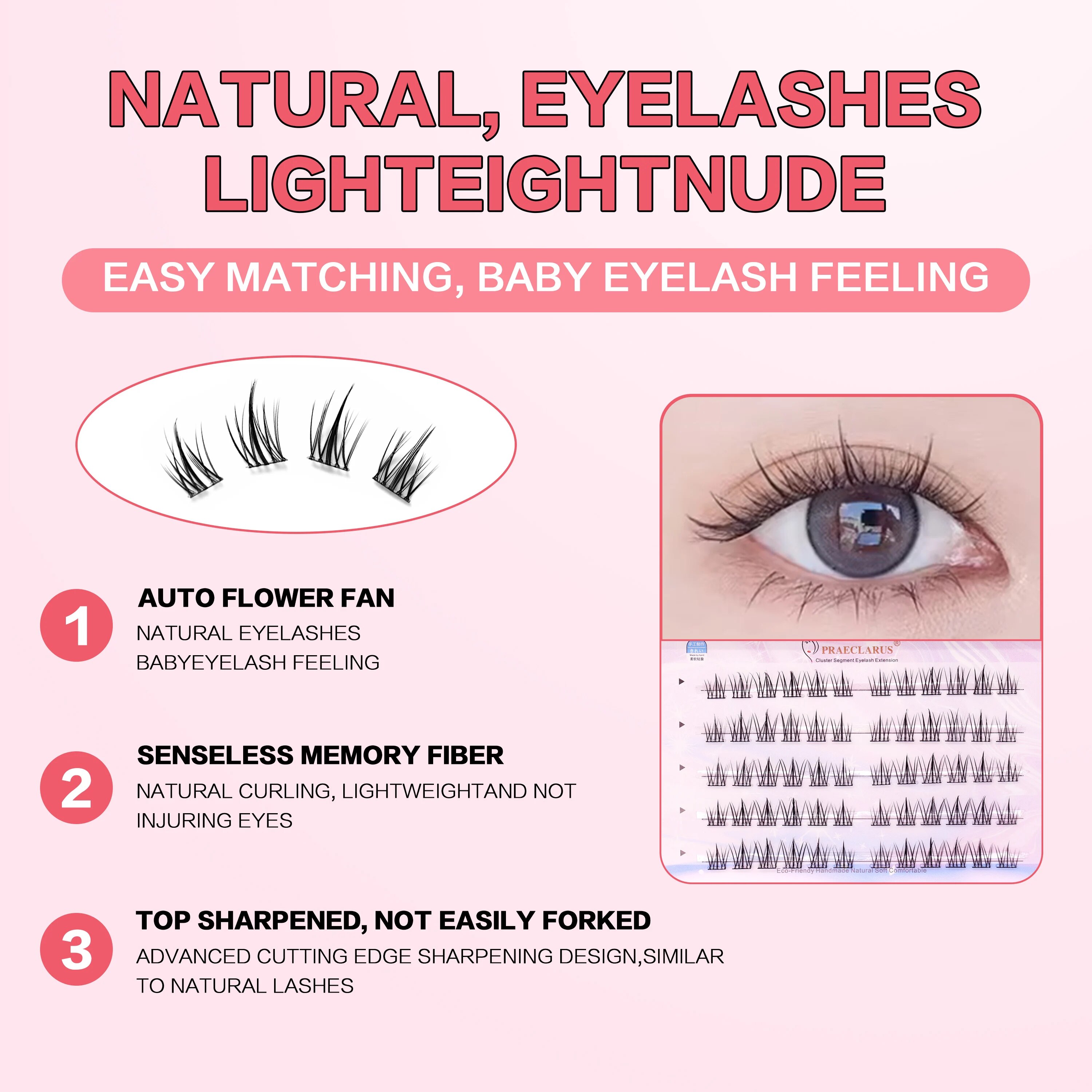 [No Need Glue]PRAECLARUS Crown Pre-Bond Technology No Glue Needed DIY Eyelash Self Adhesive Realistic Eyelash Reusable Natural. 