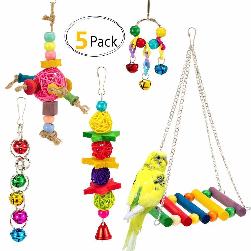 Bird Toys, Parrot Cage Hammock Hanging Bell Toy Colorful Swing Bell String Rattan Ball Bite String Toy 5pcs