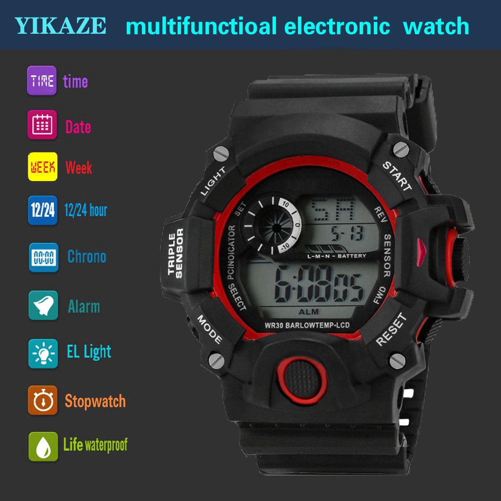 YIKAZE Men Sport Watch LED Digital Watch Multifunctional Clock Waterproof Outdoor Luminous Electronic Watch for Kids. 