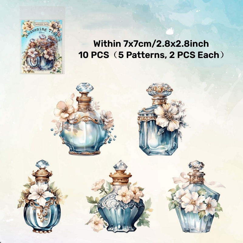 New RH Online 10PC Baroque Vae Vintage Flower Bottle PET ticker Diary Journaling Decorative Craft crapbooking DIY ticker