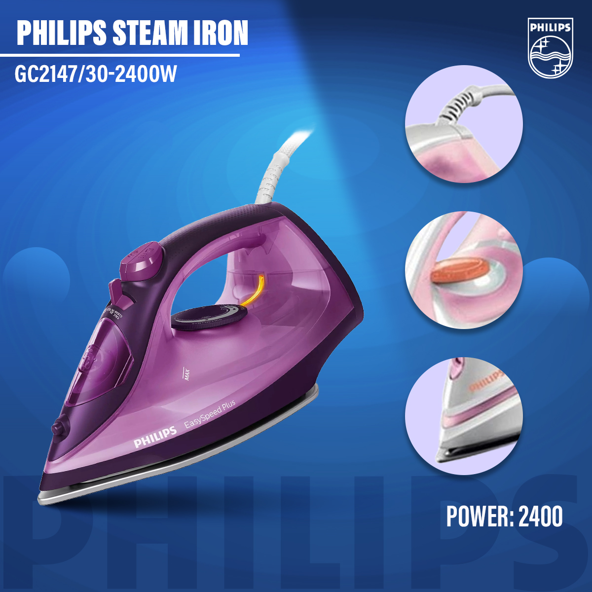 Philips EasySpeed Plus Steam Iron GC2147/30-2400W, Quick Heat up with up to 30 g/min steam, 150g steam Boost, Scratch Resistant Ceramic Soleplate, Vertical steam, Drip-Stop. 