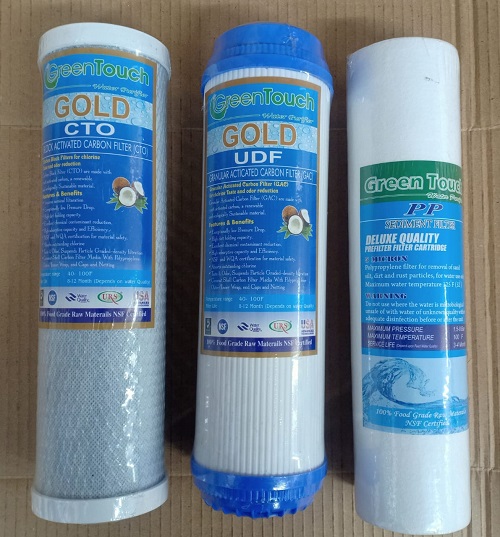 Green Touch Gold, Water Purifier Filter PP + UDF + CTO Carbon Block Cartridge 10" 3 Piece Set. 