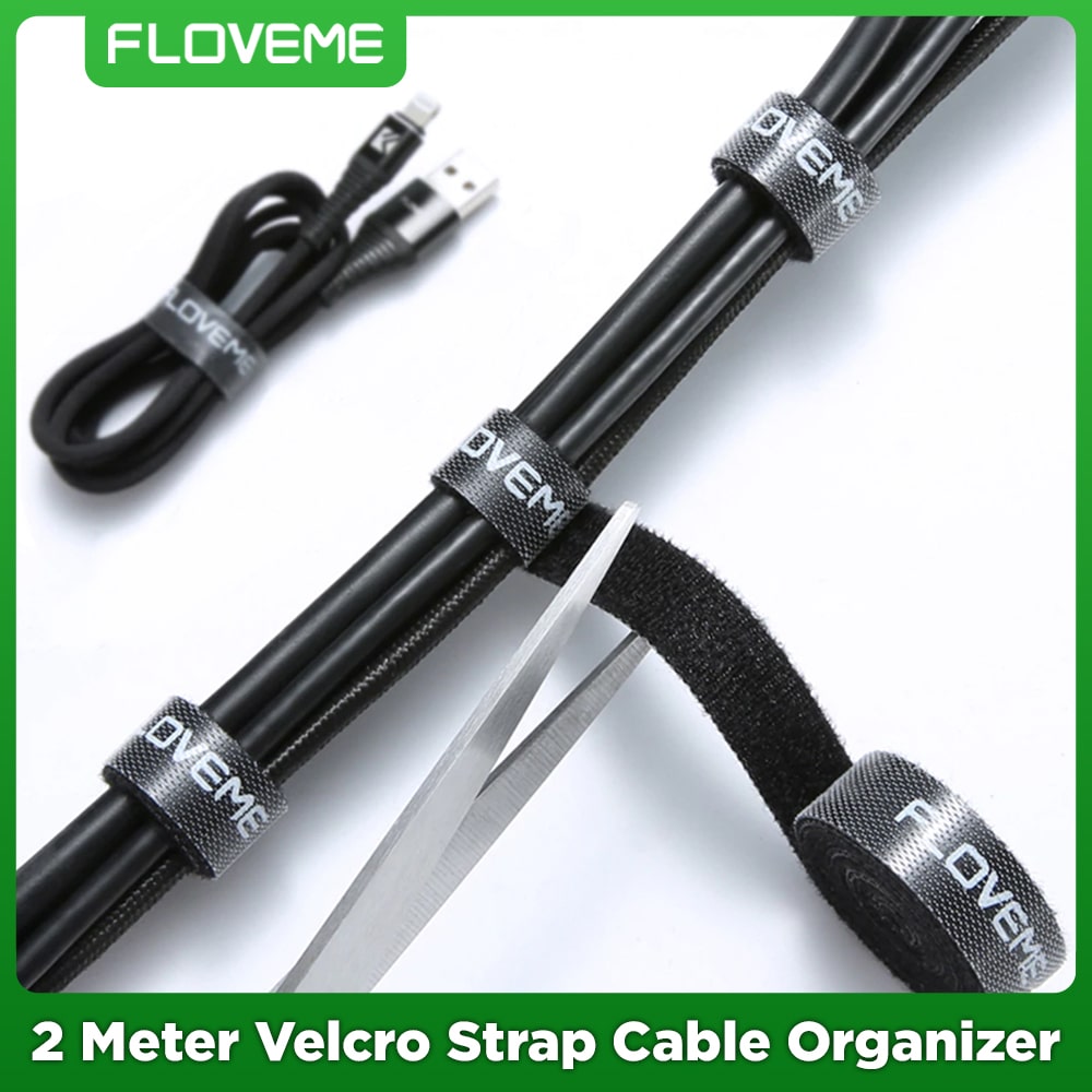 Floveme 2 Meter Velcro Strap Cable Organizer Wire Winder Tool For Managing Earphone Headphone Mouse Keyboard Charging Cable Desktop PC Cable Management - Black