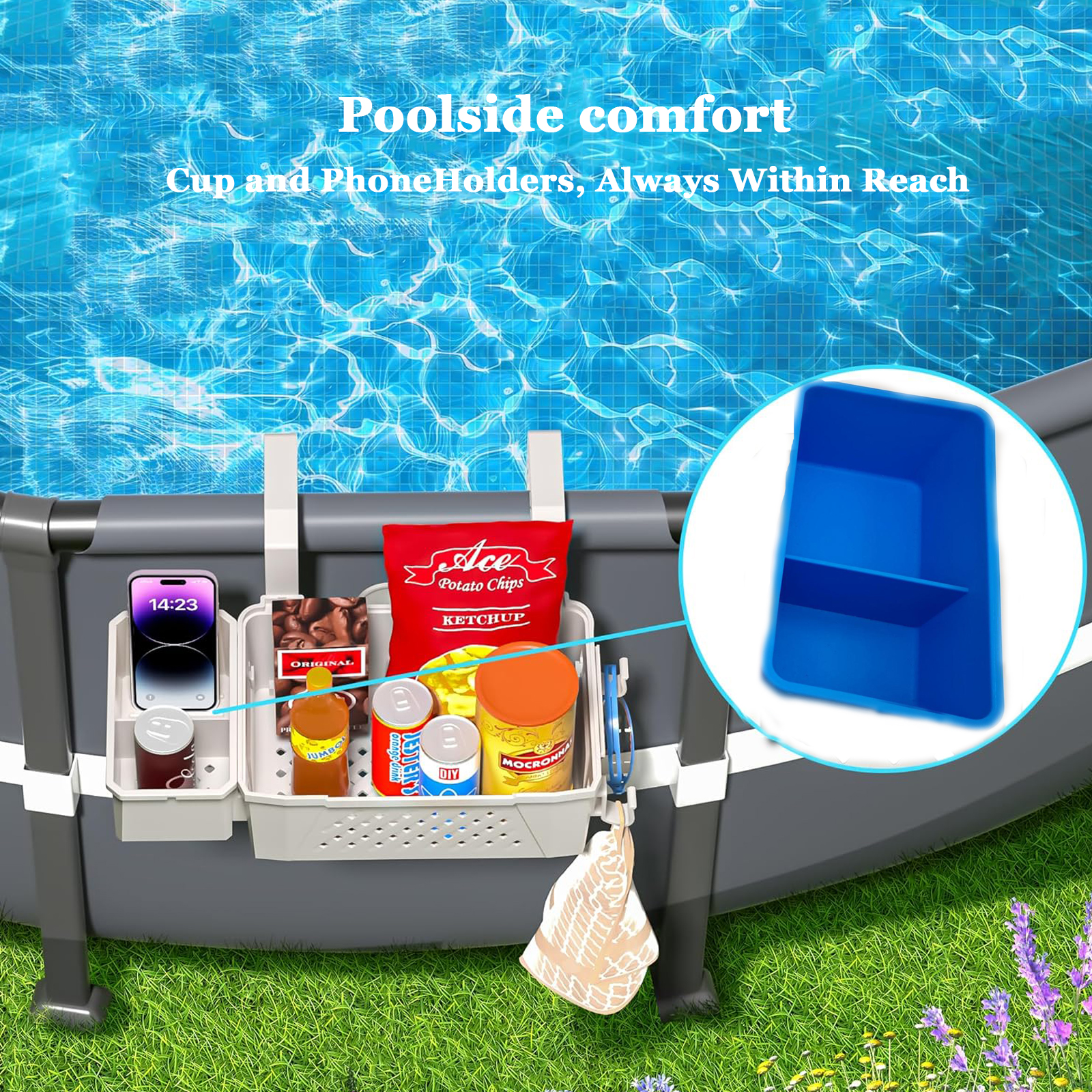 GC Poolside Storage Baskets For 3-Inch Or Smaller Top Rails, Swimming Pool Storage Basket With Cup Holders For Most Above Ground Pool. 