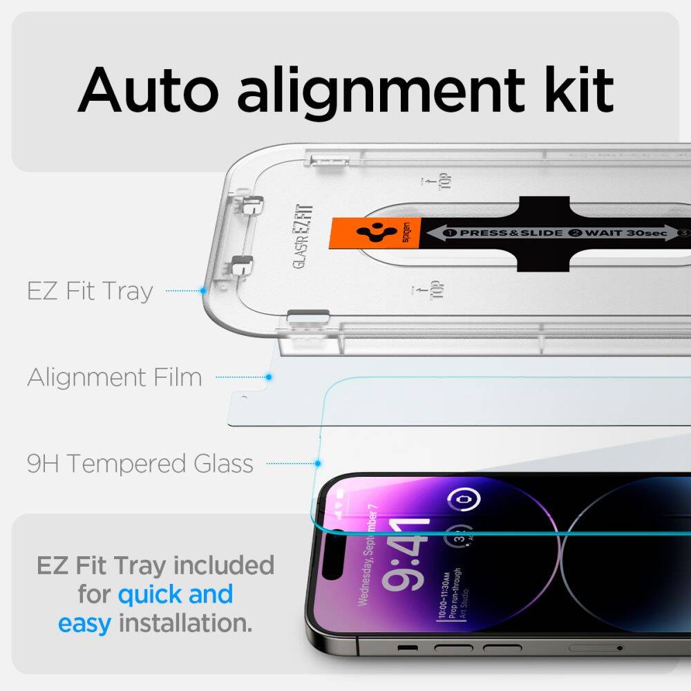 Spigen Tempered Glass Screen Protector [GlasTR EZ FIT] designed Easy Stick Box Full Screen HD Tempered Glass Screen Protector For iPhone 15 Pro Max/ 15 Pro / 15 / 14 Pro Max / 14 Pro /1 4 Plus /14/13 Pro Max/13 Pro/13. 