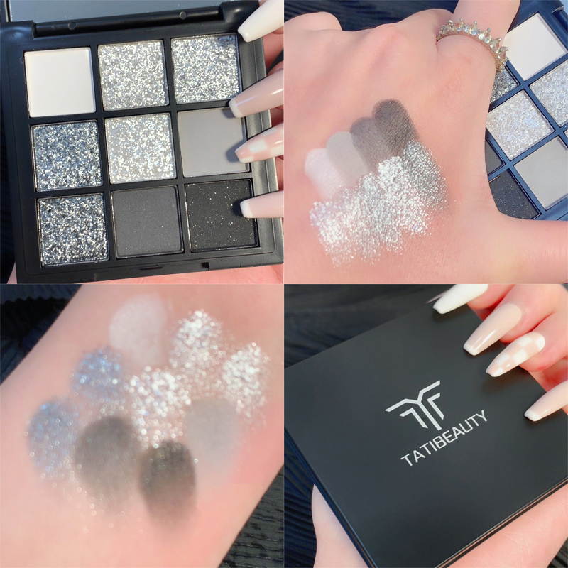 Ggmm Suke 9 Colors Eyeshadow Palette metallic white gray black eyeshadow palette with mirror. 