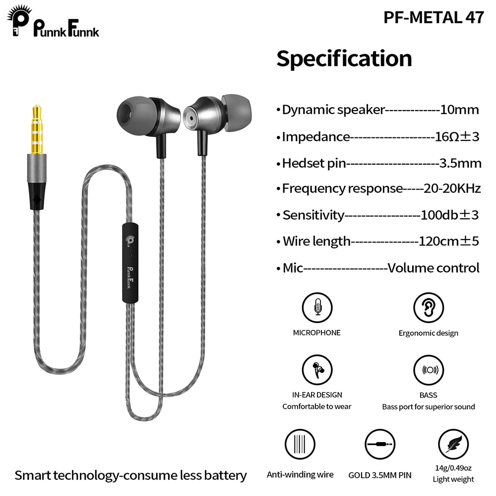 PunnkFunnk 1.2M Metal Wired Earphones 