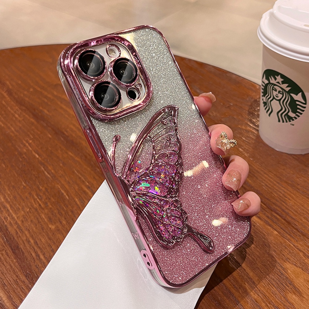 Gradient Glitter Butterfly Phone Case for IPhone 12 13 14 15 Pro Max Soft TPU Case with Camera Protector Shockproof Cover