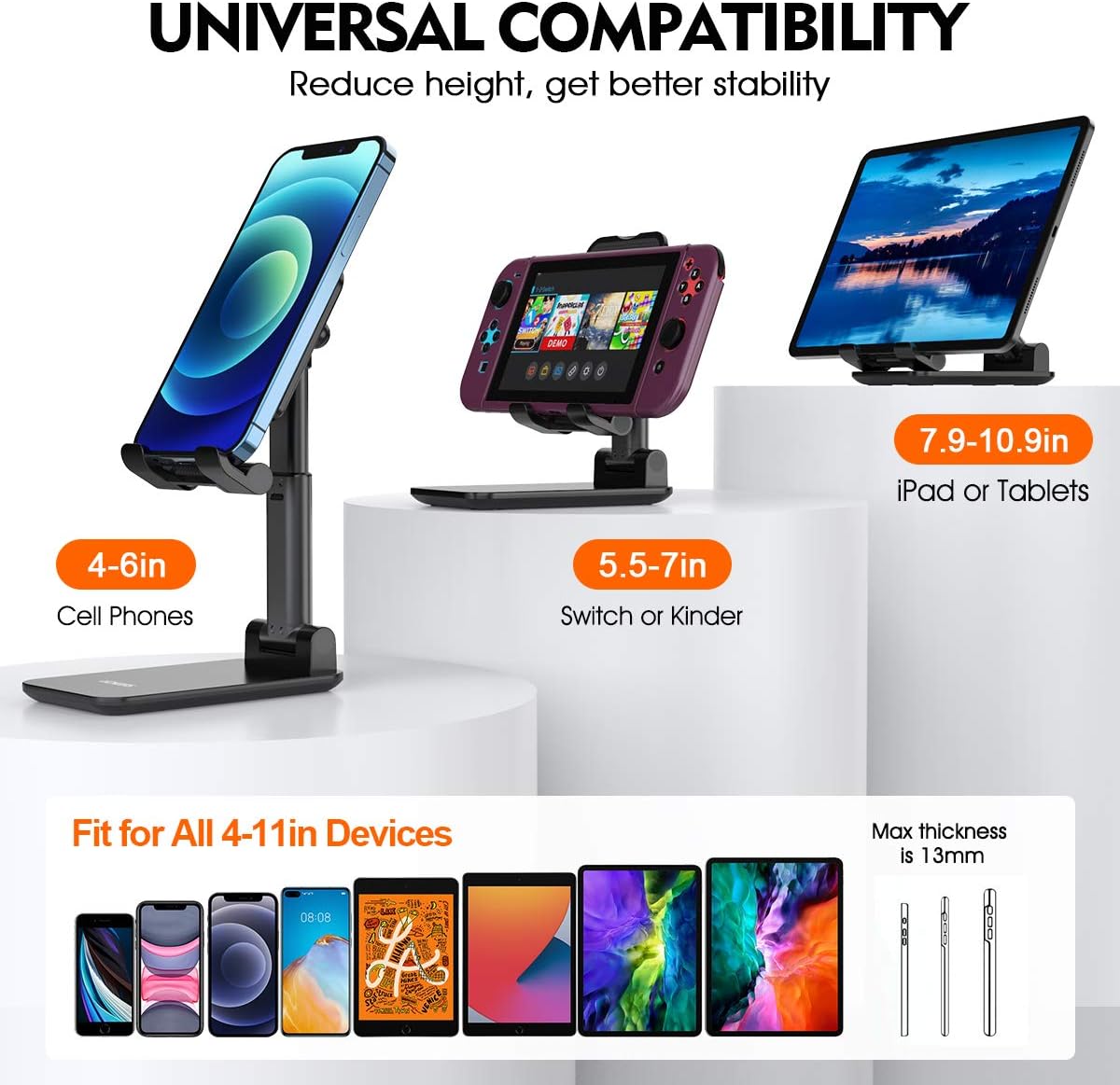 1 pcs Cell Phone Stand, Licheers Foldable Phone Holder, Angle Height Adjustable Phone Stand for Desk, Compatible with 4"-7" Devices. 