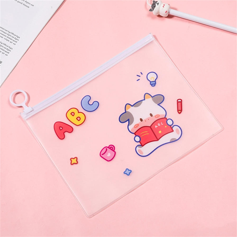 Multi-functional Cow file bag Trendy Portable Cute Stationery organizer File storage Finger ring zipper bag for Office supplies School accessories Students Work organization Travel storage