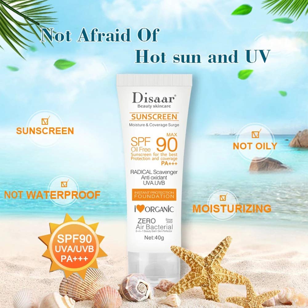 Disaar SPF90 Oil-Free Sunscreen Cream 40g | Instant Protection UVA UVB Foundation PA+++. 