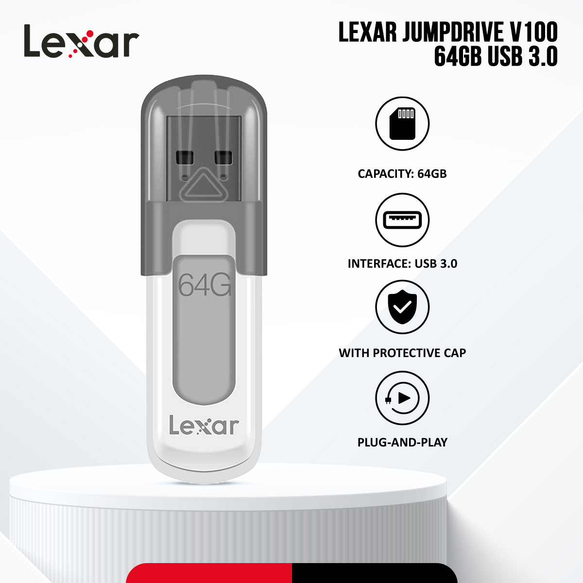 Lexar JumpDrive V100 64GB USB 3.0 Pen Drive with Protective Cap - Plug-and-Play - PC/Mac Compatible. 