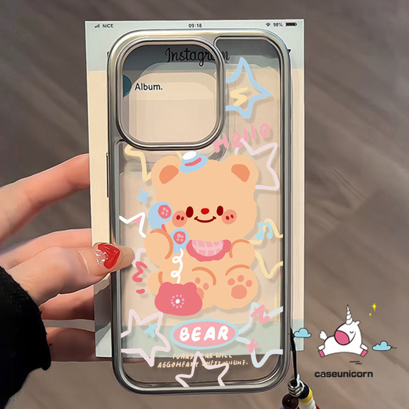 Cute Bow Doodle Luxury Plating Lens Frame Case Compatible for IPhone 7Plus 12 13 11 15 14 Pro Max XR 7 8 15 Plus Xs Max X SE2020 Funny Cartoon Sweet Butter Bear Bracelet Stand Case