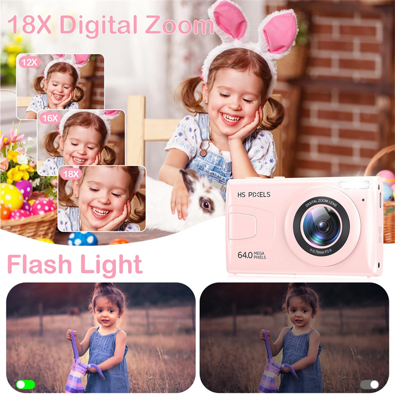 Digital Camera, 4K Children Camera for Photography, 64MP MP3 Player Camera, 2.8Inch IPS Screen, Auto Focus Easy Install Easy to Use (Pink). 
