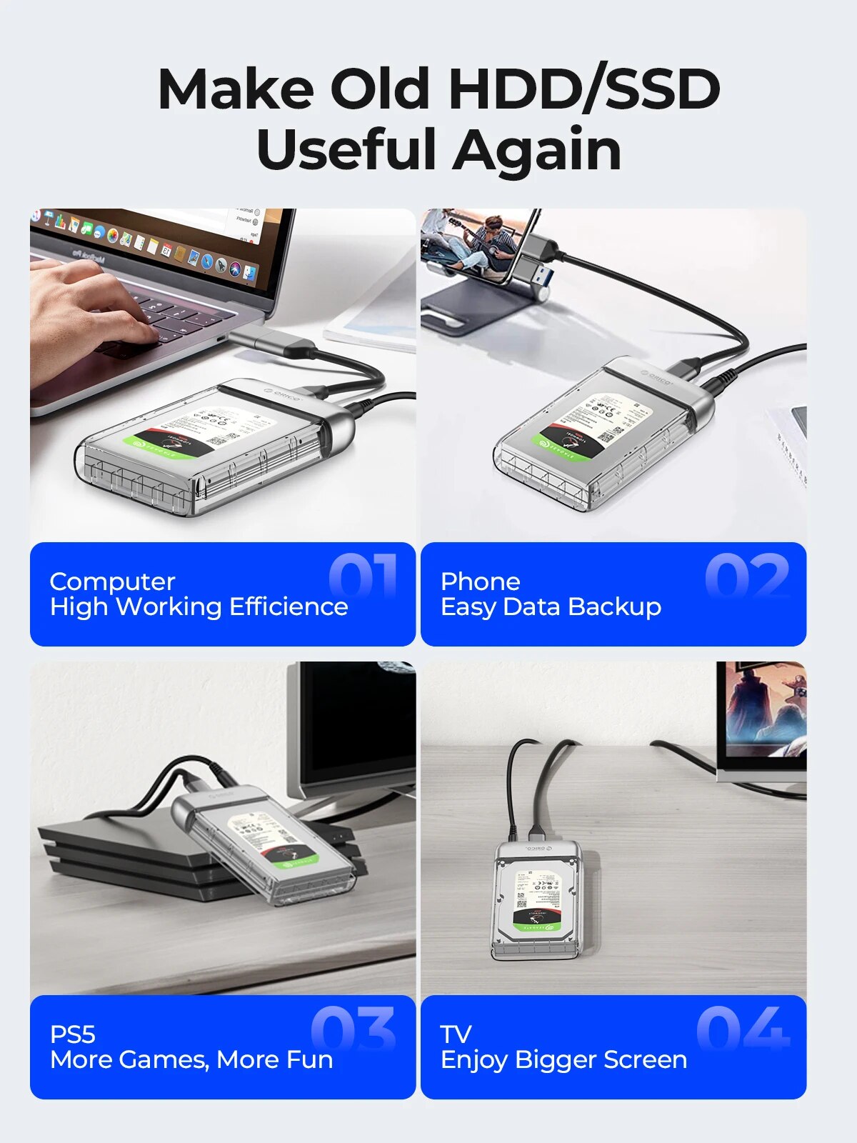 ORICO 3.5 inch Transparent Type-C 5Gbps Hard Drive Enclosure Metal HDD Case Support Auto Sleep for PC Laptop Notebook. 