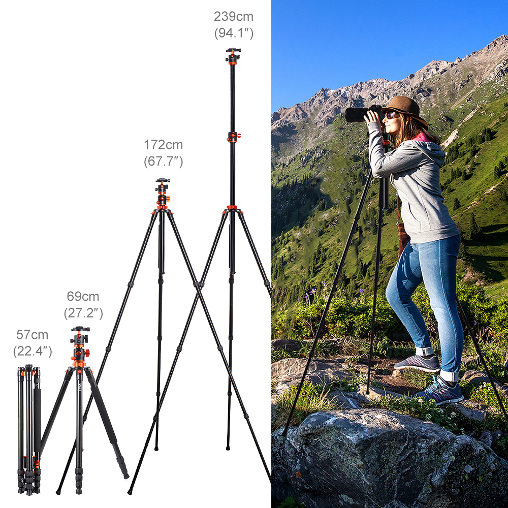 K F Concept SA254T1 93 Inch Camera Tripod 4 Section Aluminium Detachable Tripod with 360 Degree Ball Head Quick Release Plate. 