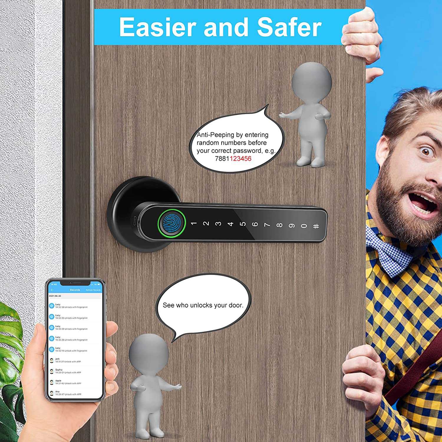 Fingerprint Door Lock with Bluetooth for TTLock Electronic Lock with Biometrics Fingerprint/Password/Key/App Unlock. 