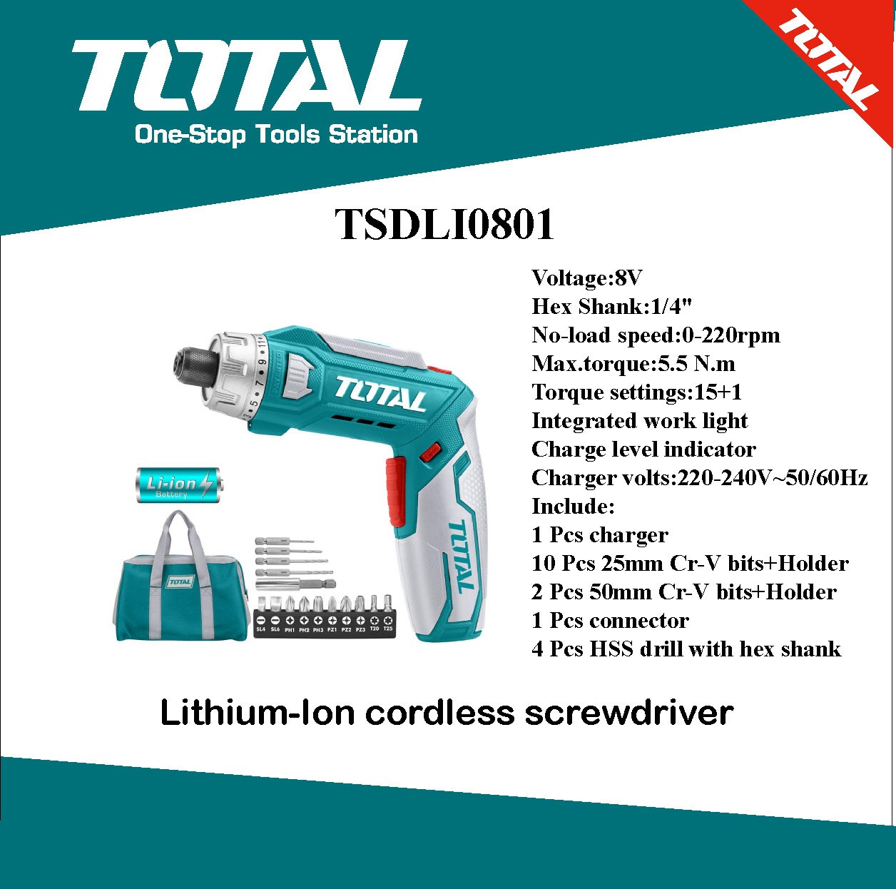 TOTAL Lithium-Ion cordless screwdriver TSDLI0801. 